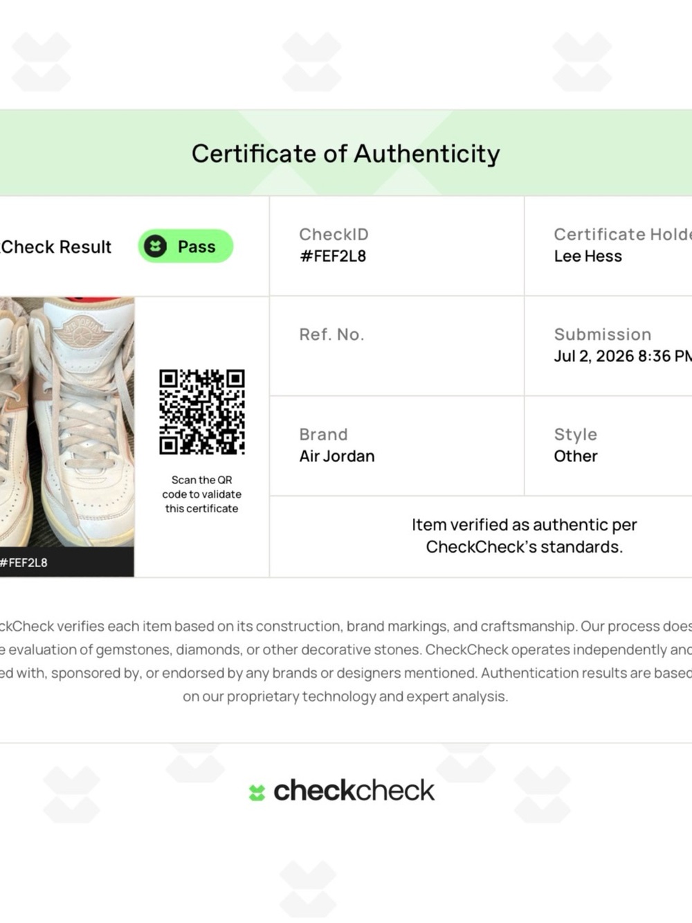 Nike Air Jordan 2 Retro Size 7.5 Sail Hemp Certificate of Authenticity - Picture 7 of 7